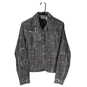 Chico's Women's Jacket Gray Silver Embroidered Metallic Artsy Y2K Button 0 S/4